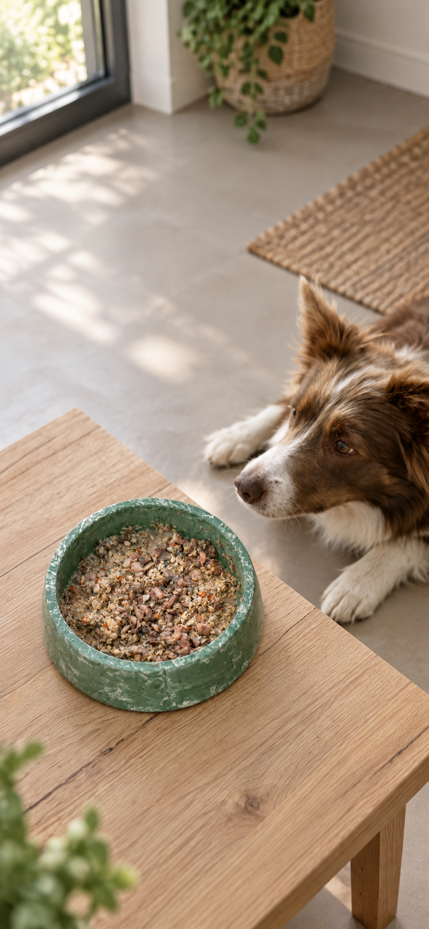 Le moment du repas : une personne, son chien, la gamelle et le sachet Sanalio.