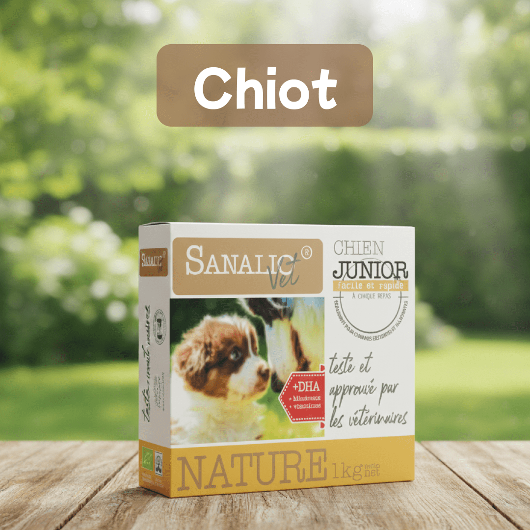 Offrez une alimentation bio à votre chiot avec Sanalio Puppy. Simple, saine, prête en 1 minute.